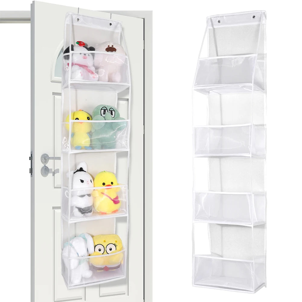 A white foldable over-the-door storage organizer with multiple clear plastic compartments for organizing items.