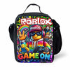 A black cartoon Roblox game-themed crossbody lunch bag featuring colorful graphics and a character design.