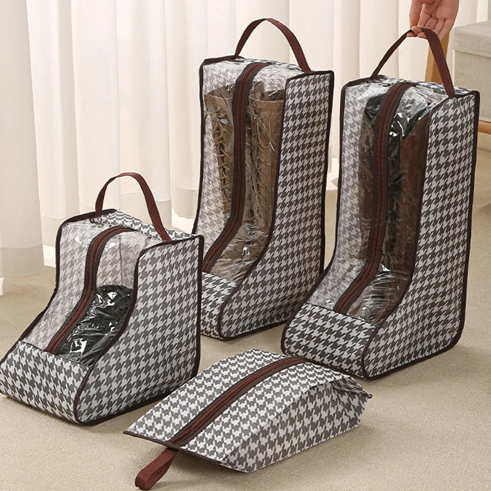 A portable boot storage bag with a carry handle shown in various shades of gray and black fabric.