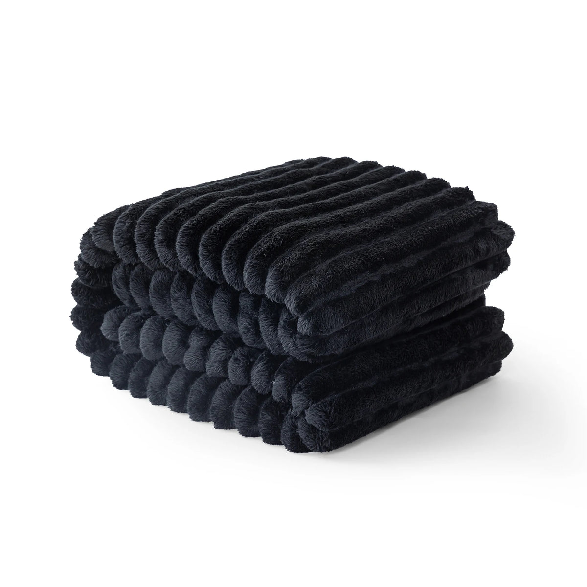 A stack of black striped flannel throw blankets folded neatly.
