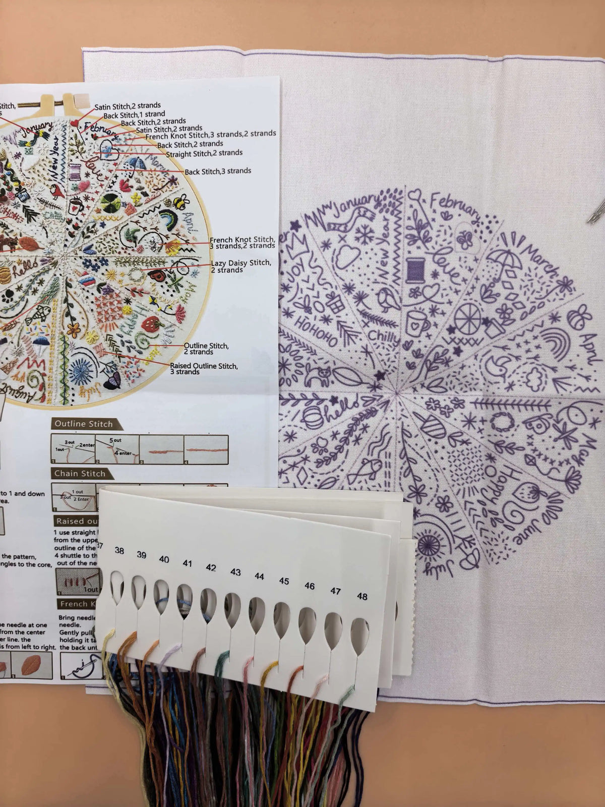 An embroidery kit showing various stitches and threads for floral designs with English instructions.