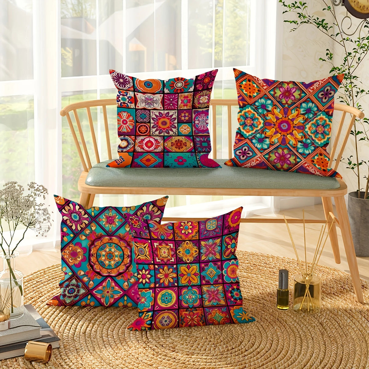 A collection of colorful boho chic mandala plaid pillow covers displayed on a wooden bench and woven mat.