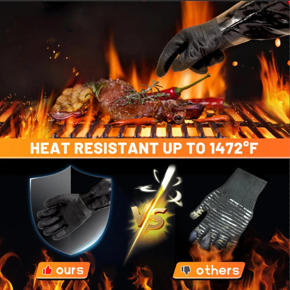A hand wearing heat-resistant oven gloves is shown holding meat over a grill with flames in the background.
