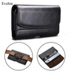 Black universal leather phone pouch with a magnetic belt clip shown in various angles.