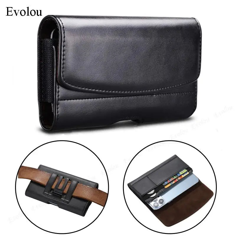 Black universal leather phone pouch with a magnetic belt clip shown in various angles.