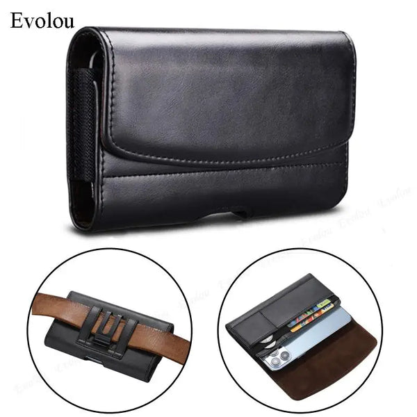 Black universal leather phone pouch with a magnetic belt clip shown in various angles.