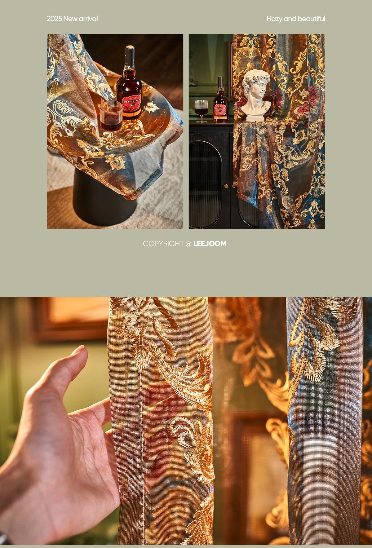 Close-up of sheer gold and bronze neoclassical curtains with intricate floral embroidery.