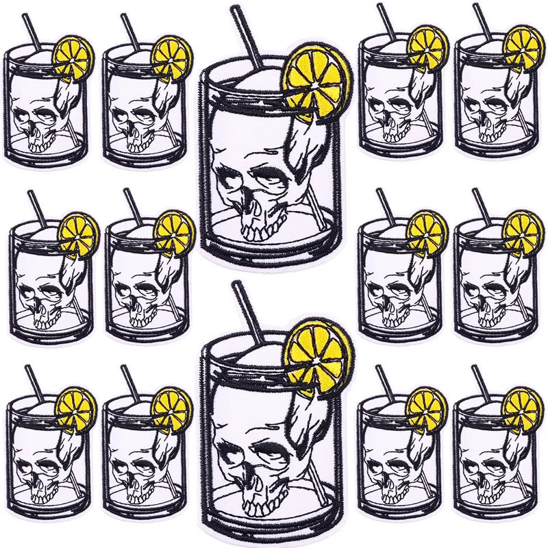 A collection of DIY punk embroidery patches featuring skull designs on clothing