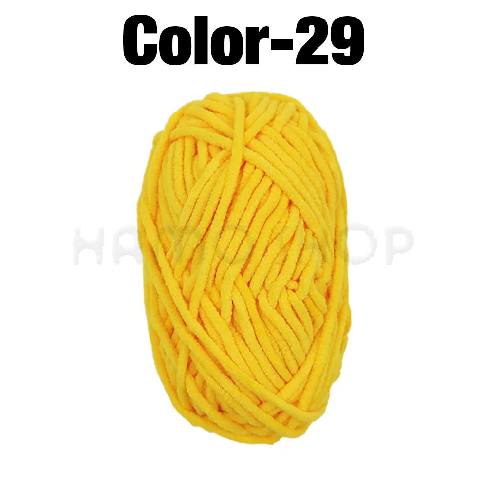 A ball of bright yellow Color-29 chenille yarn for crafting.
