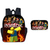 A black backpack and pen case set featuring Roblox characters on both sides.