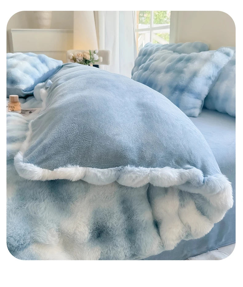 A light blue and white fluffy fleece duvet cover with a white trim is displayed on a bed.