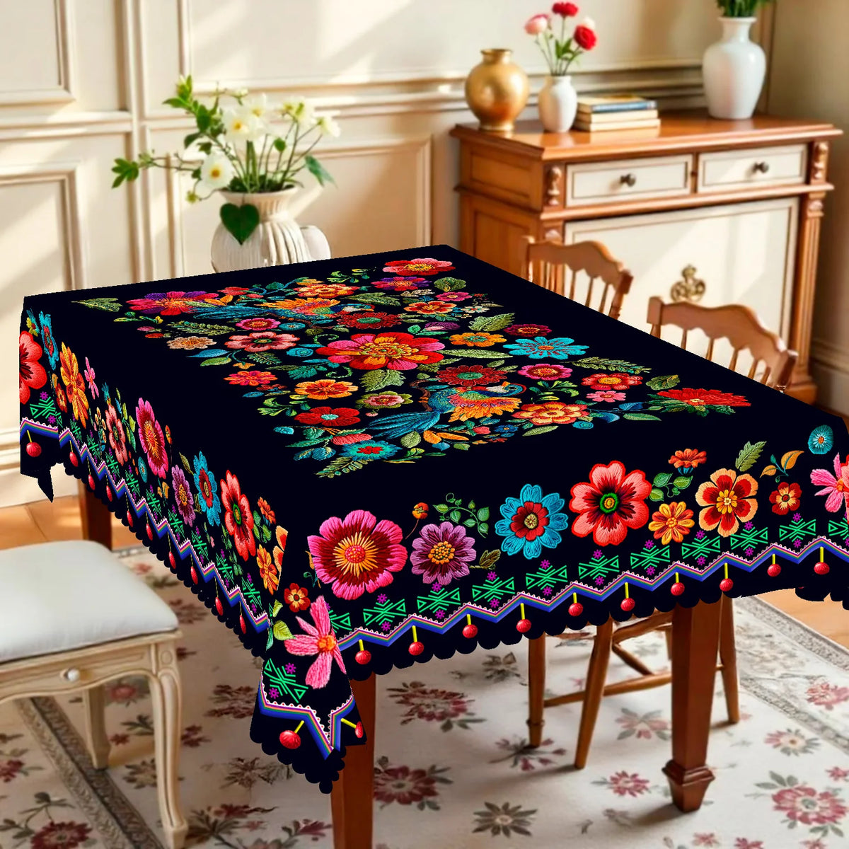 A black floral tablecloth with colorful embroidery is displayed on a wooden table.