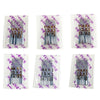 A set of sewing machine needles packaged in clear plastic bags showing various sizes and counts.
