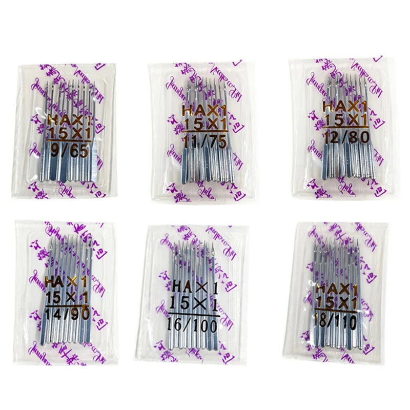 A set of sewing machine needles packaged in clear plastic bags showing various sizes and counts.