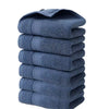 A stack of six dark blue microfiber face towels