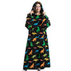 A woman models a black hoodie with a hood featuring a colorful dinosaur print.