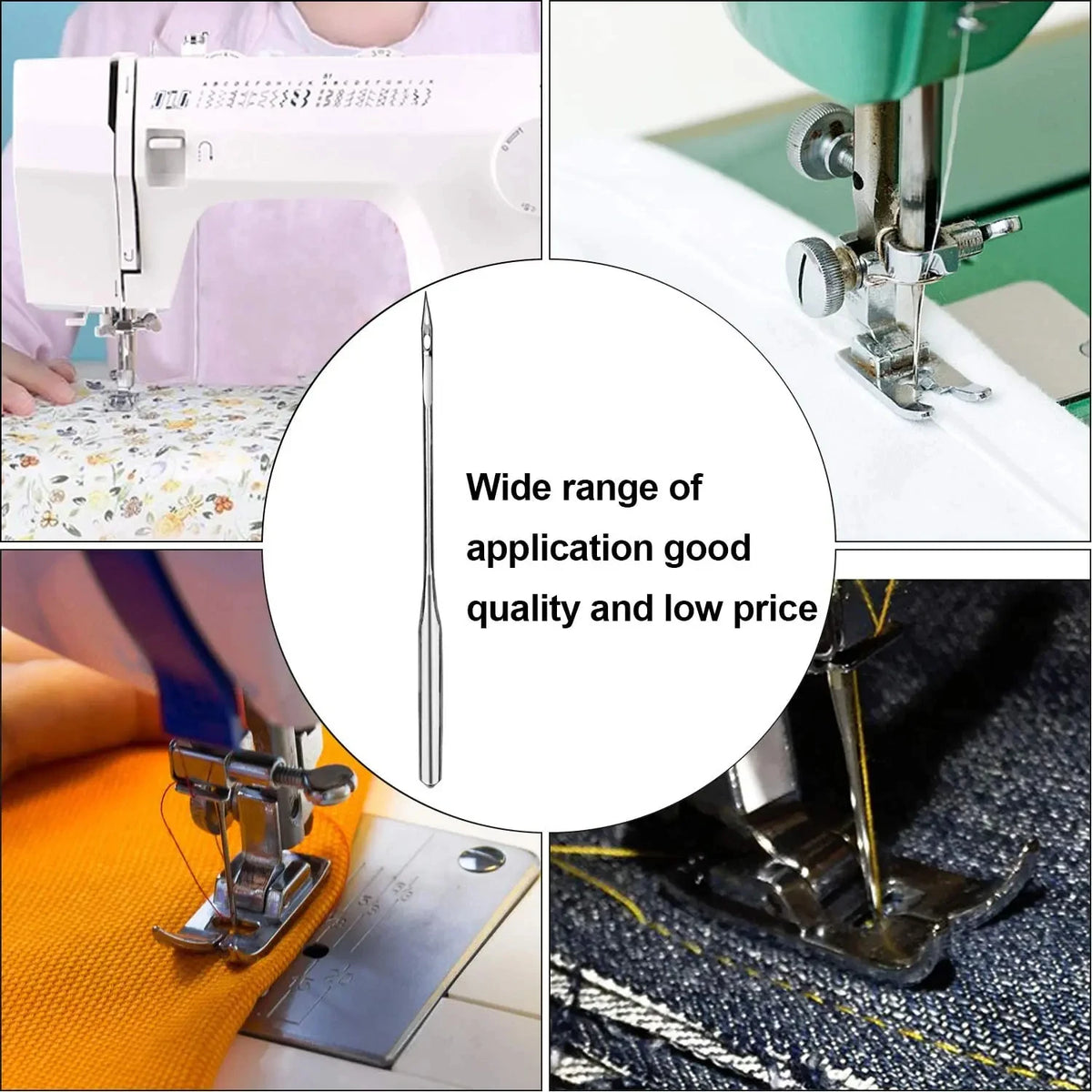 A set of precision sewing machine needles shown in various angles and contexts for sewing work.