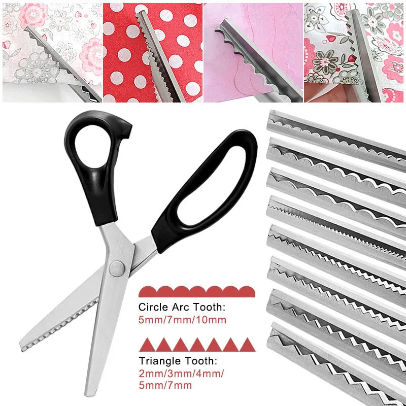 A set of stainless steel zig zag lace sewing scissors with various tooth sizes and patterns.