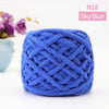 A ball of N18 Sky Blue chunky velvet knitting yarn used for home decor.