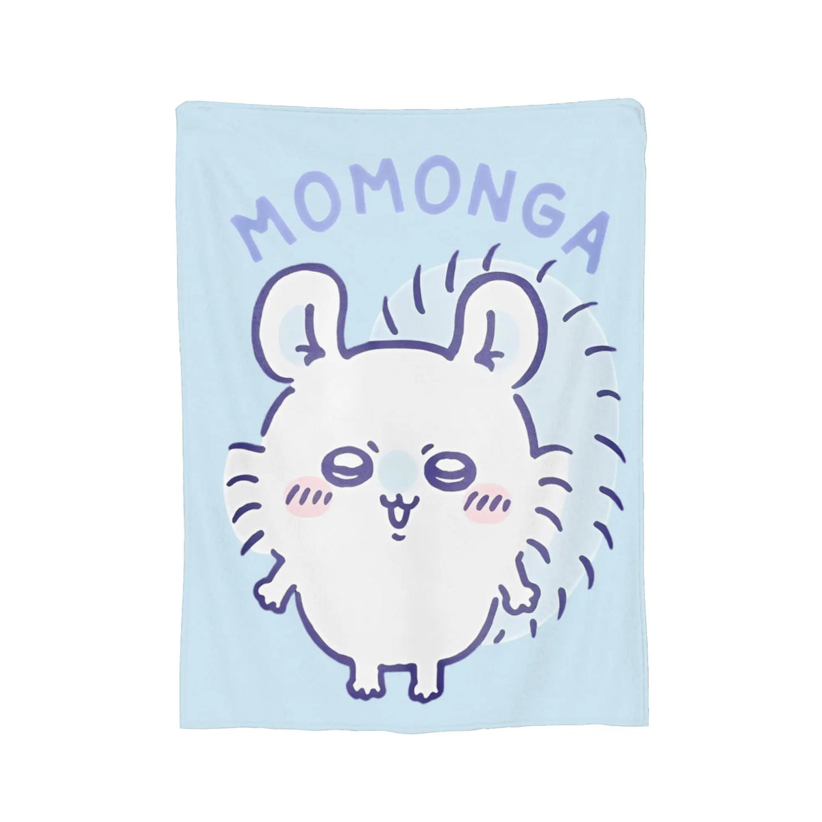 A light blue blanket featuring a cartoon character with large ears and a smiling expression, with the word MOMONGA above it.