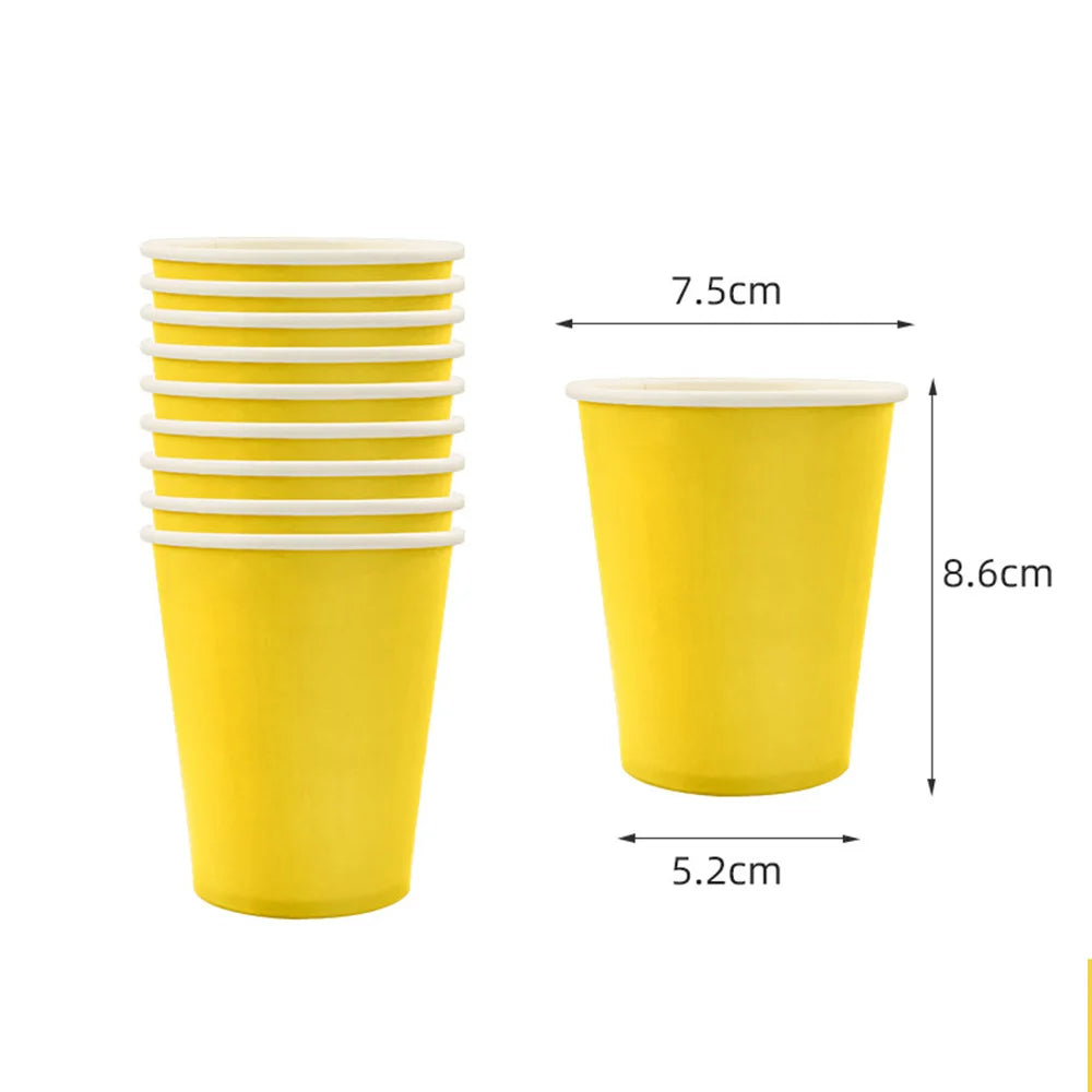 Yellow paper cups with white rims and measurements shown.