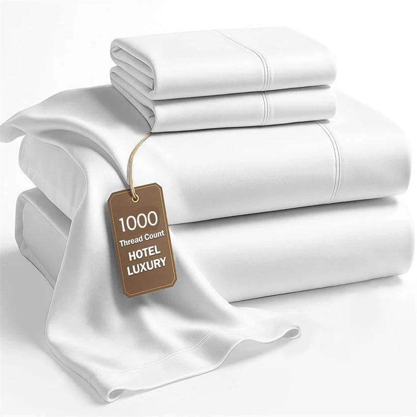 White luxury Egyptian cotton bedding set with a tag indicating 1000 thread count