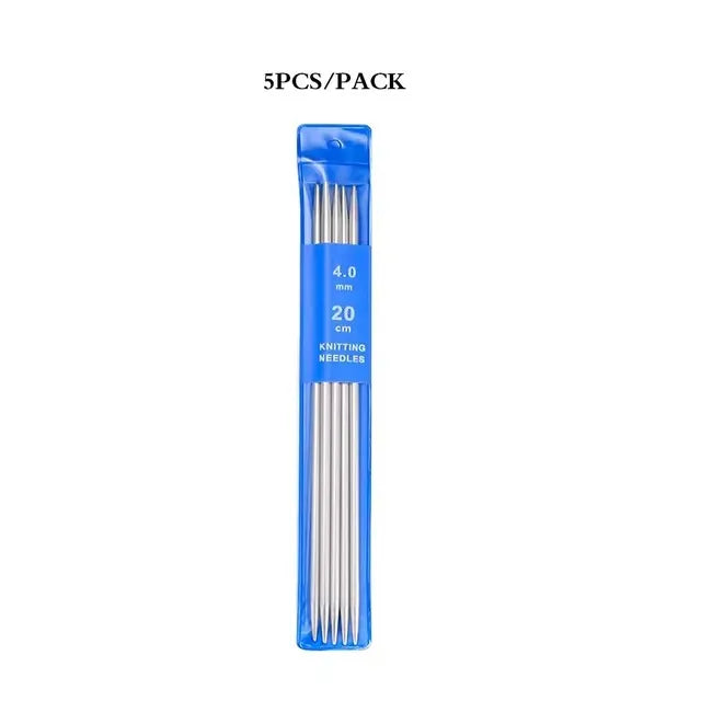 A pack of five stainless steel double-pointed knitting needles, 20 cm long.