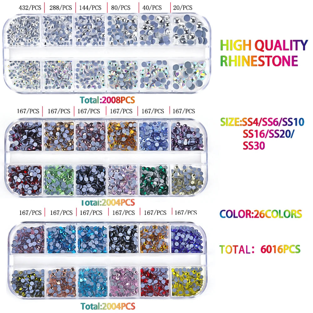 A collection of various colored and sized rhinestones, including high quality rhinestone and various sizes like SS4/SS6/SS10,