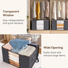 A foldable clothes organizer bag with a transparent window showing neatly categorized clothing and a wide opening for easy st