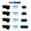 Size guide showing various tablecloth sizes from 4 ft to 8 ft for dining and event decor