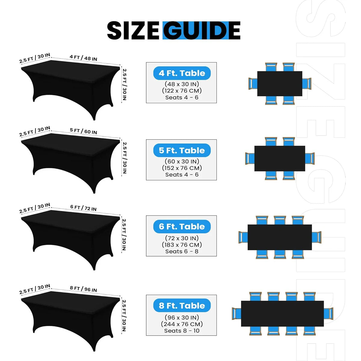 Size guide showing various tablecloth sizes from 4 ft to 8 ft for dining and event decor