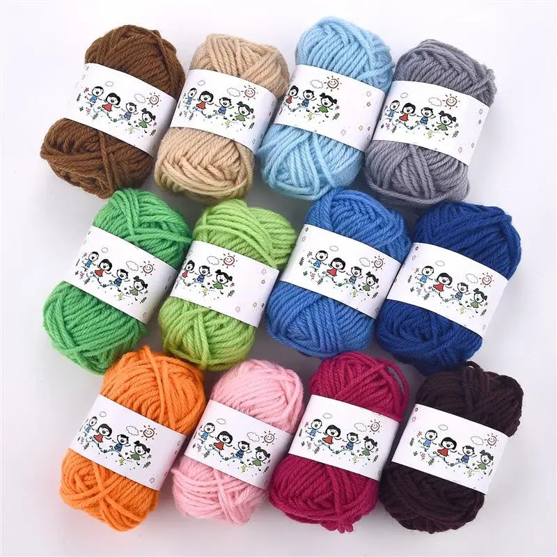 A collection of twelve soft acrylic yarn skeins in various colors including brown, green, blue, gray, orange, and pink.