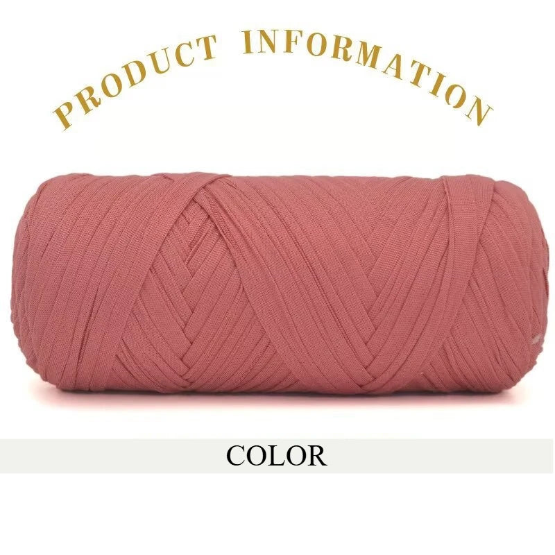 A skein of thick, pink-colored polyester blended yarn is shown rolled up.