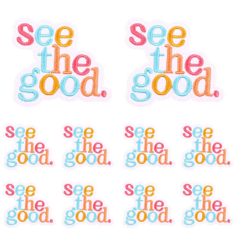 Set of embroidered letter slogans in orange and blue colors for DIY clothing patches