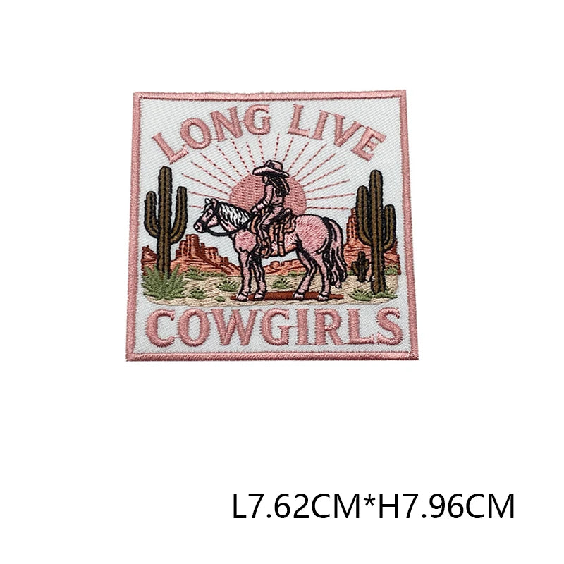 Embroidered patch featuring a silhouette of a cowgirl with text that reads Long Live Cowgirls