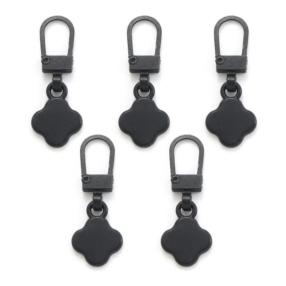 A set of five black metal zipper pull replacement kits with loops and square ends.