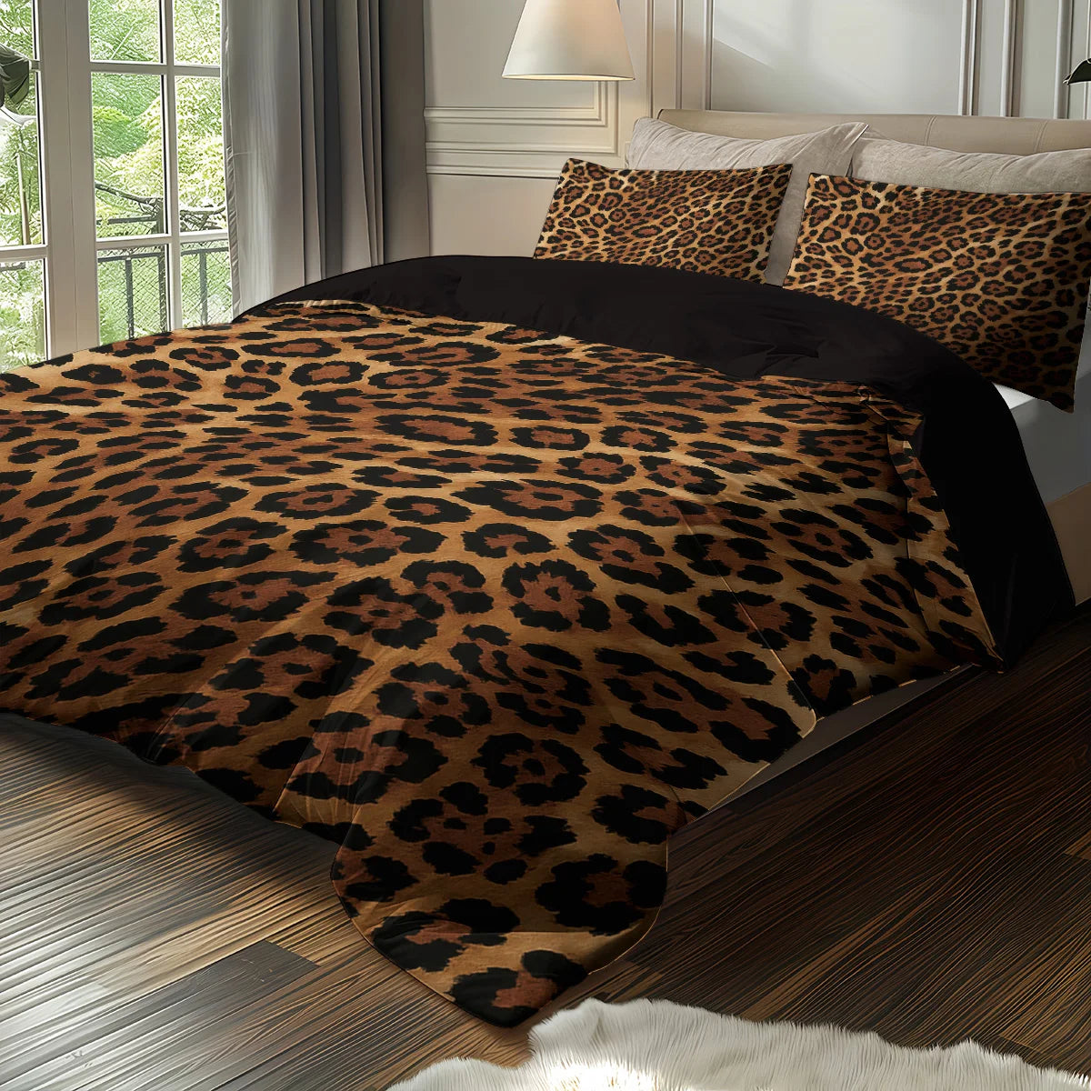 A leopard print duvet cover set featuring brown and black spots displayed on a bed with neutral bedding.