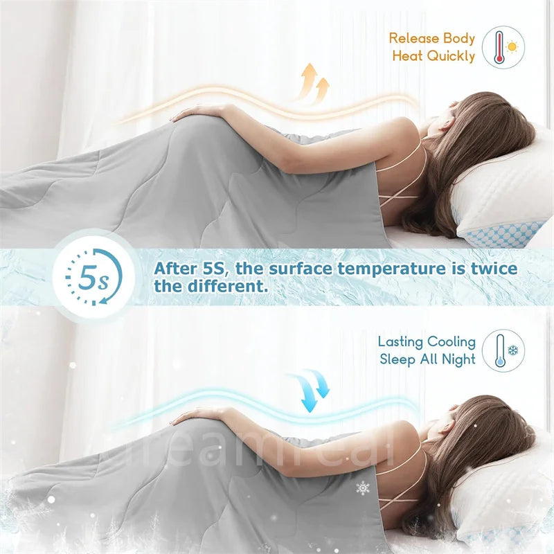 A person is lying down under a lightweight cooling blanket, demonstrating its ability to quickly change surface temperature f