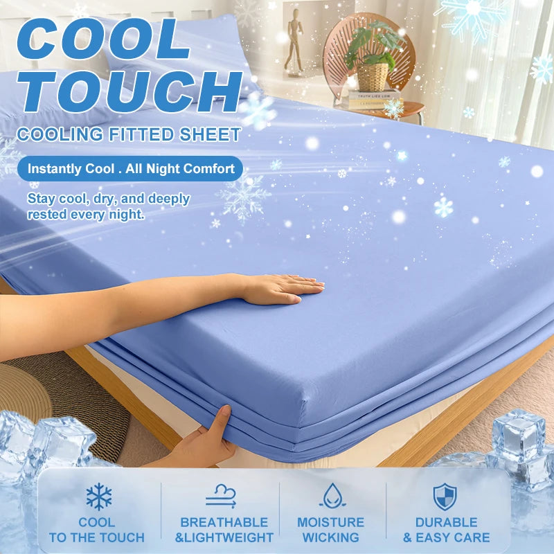 A close-up of a blue cooling fitted sheet on a bed, showing features like cool to the touch, breathable wicking, and durable 