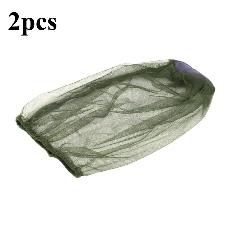 Two pieces of olive green mosquito net fabric shown flat.