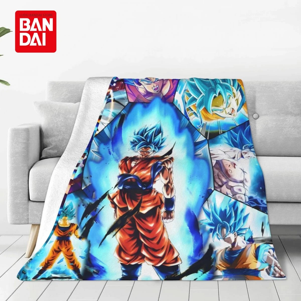 A flannel throw blanket featuring an anime character design with blue and orange tones.