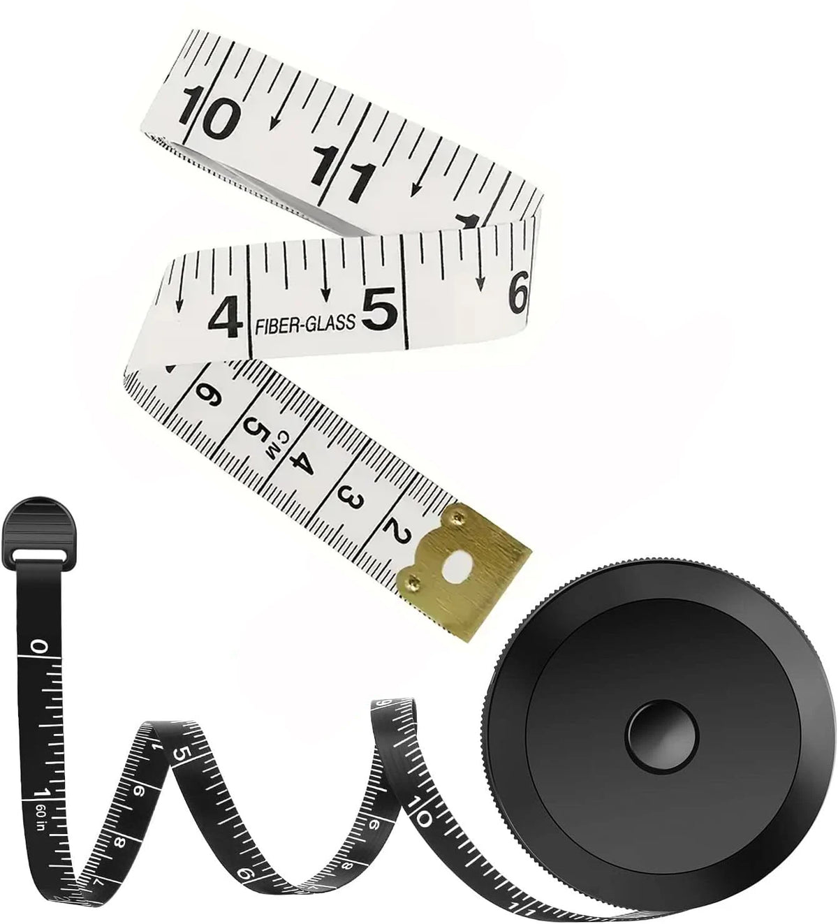 A set of two flexible body measuring tapes, one traditional tape and one with a circular measuring head.