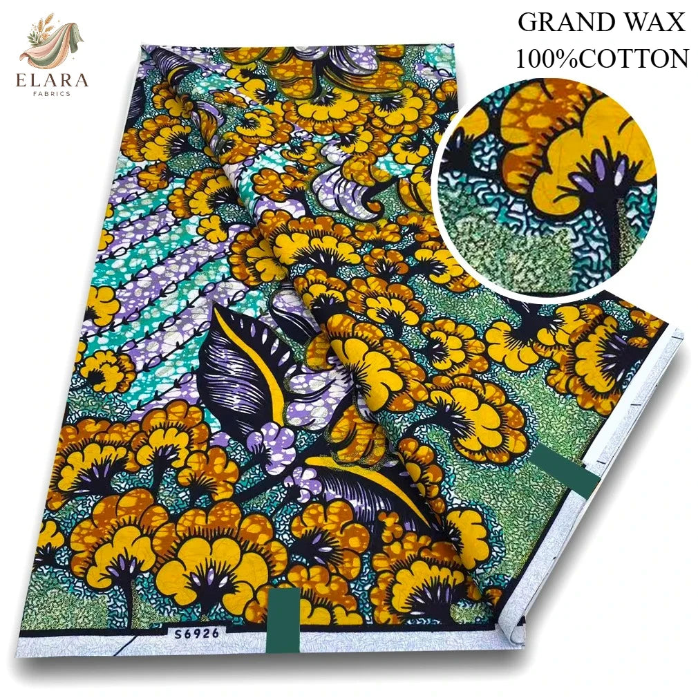 A bolt of 100% cotton African wax print fabric featuring a vibrant pattern of yellow, purple, and green floral motifs.