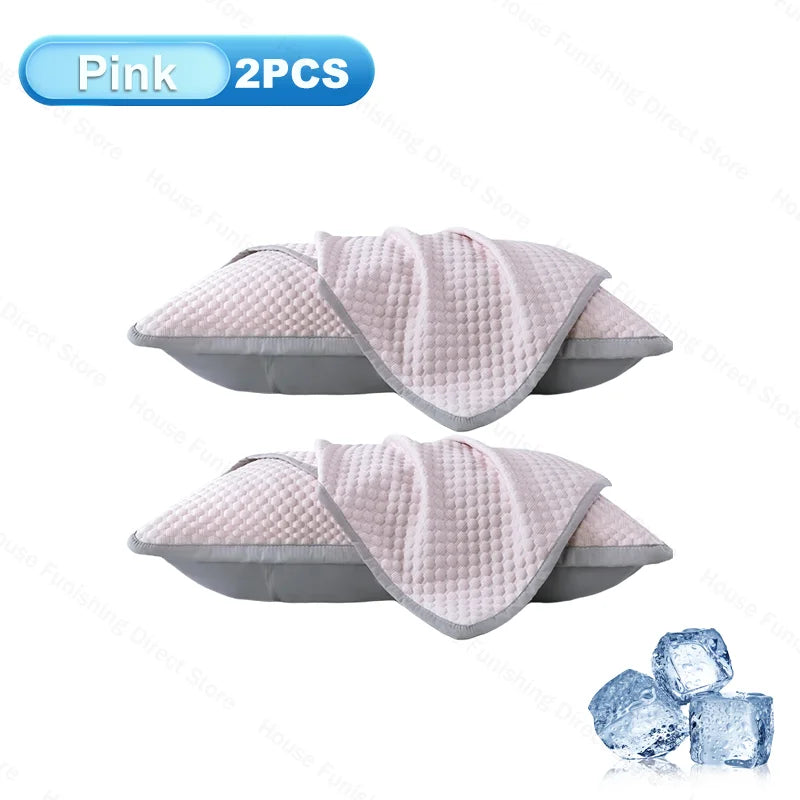 Pink ice silk cooling pillowcases shown in two pieces