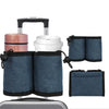 A silver luggage rack with a white cup holder and several dark blue fabric cups.
