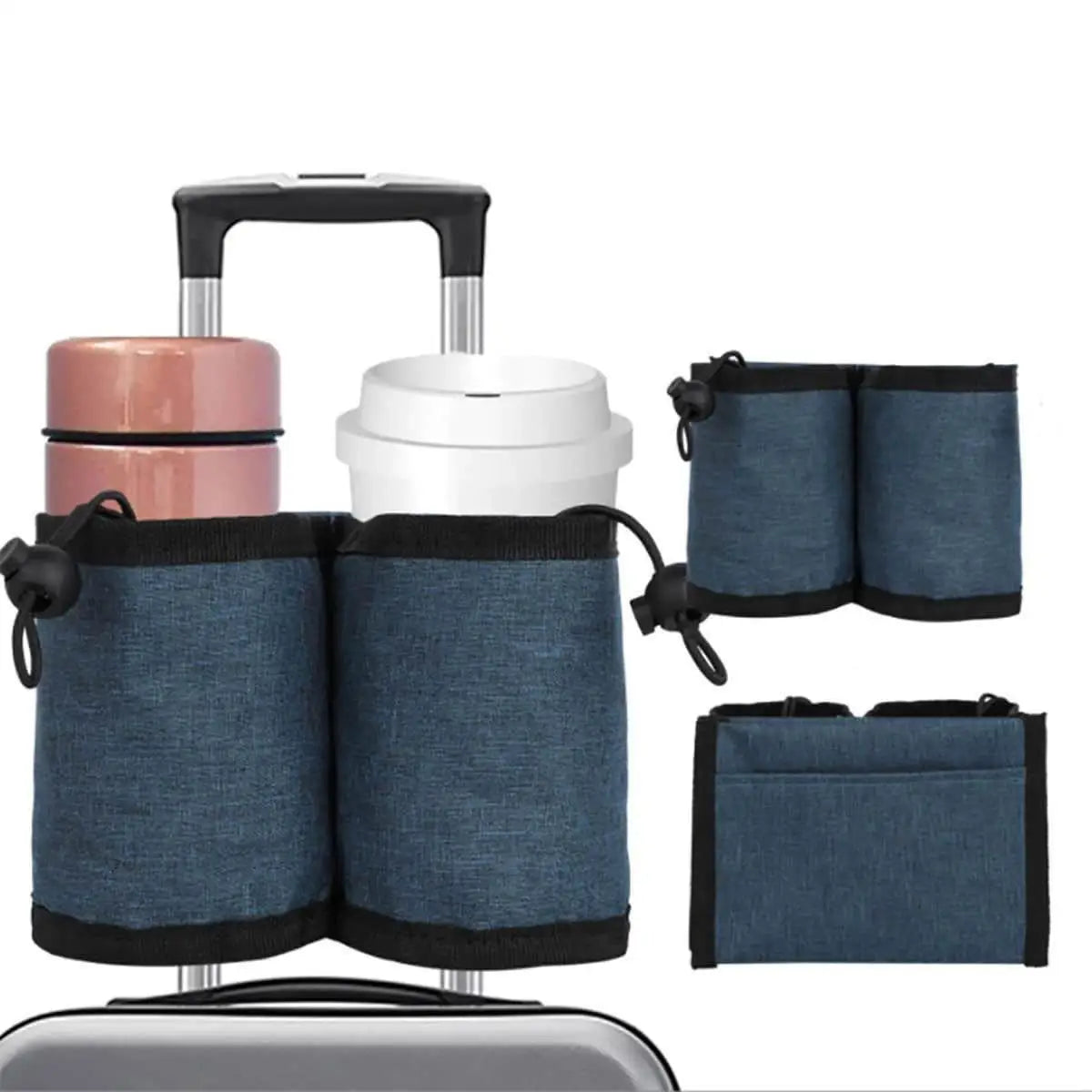 A silver luggage rack with a white cup holder and several dark blue fabric cups.