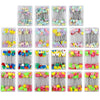 A grid of dressmaking pins with various colorful heads in different colors and styles.