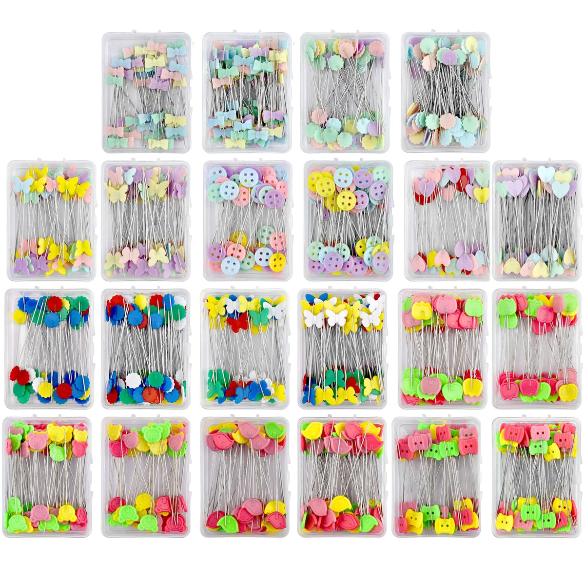 A grid of dressmaking pins with various colorful heads in different colors and styles.