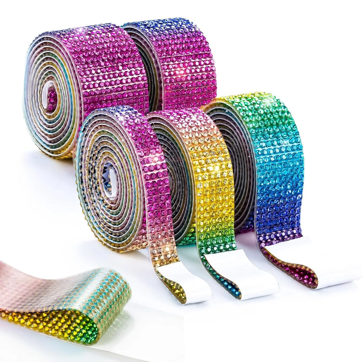 Rolls of self-adhesive crystal rhinestone ribbon in various colors and shades for DIY crafts