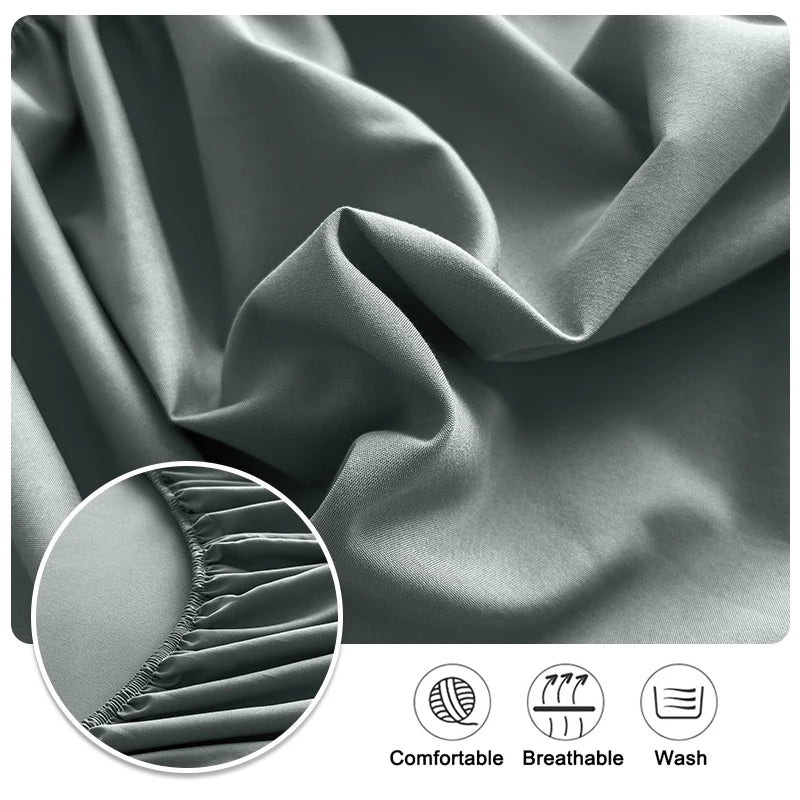 Close-up of a gray cooling fitted sheet showing elastic edges and fabric texture.